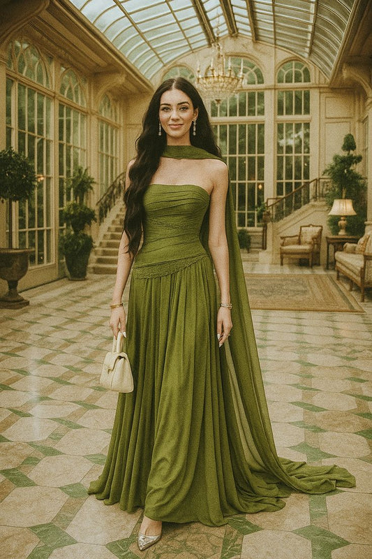 Charming A line Strapless Green Inspiration Sleeveless Long Prom Dresses Wedding Guest Dress Prom Gowns AB262