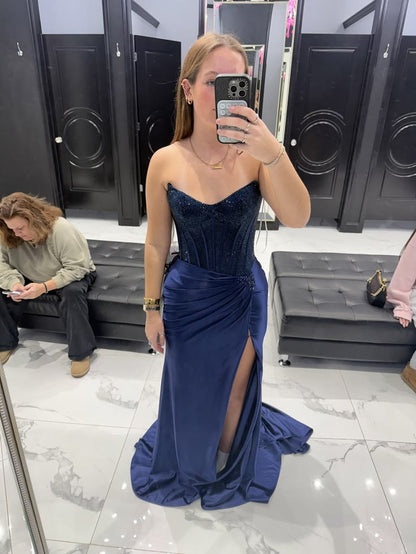 New Arrive Elegant Strapless Navy Blue Long Party Dress Prom Dresses Mermaid Bodycon For Women N4076