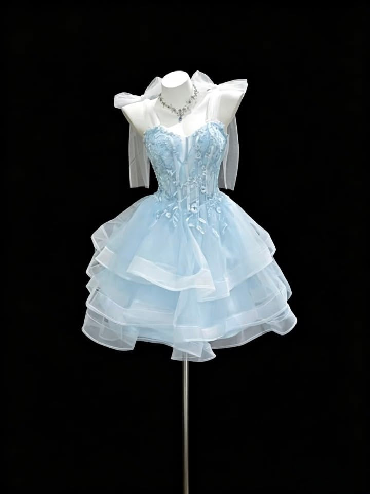 Cute Ball Gown Birthday Dress Spaghetti Straps Blue Tulle Homecoming Dress Short Party Outfits RB8189