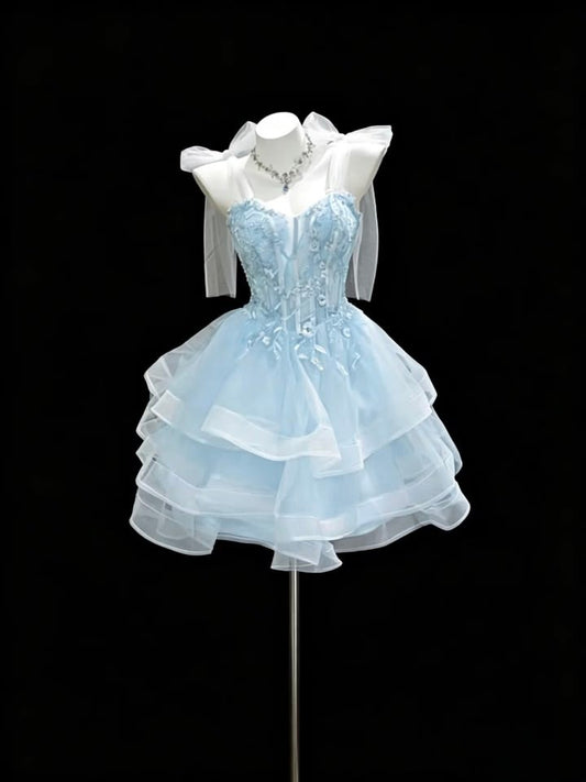 Cute Ball Gown Birthday Dress Spaghetti Straps Blue Tulle Homecoming Dress Short Party Outfits RB8189