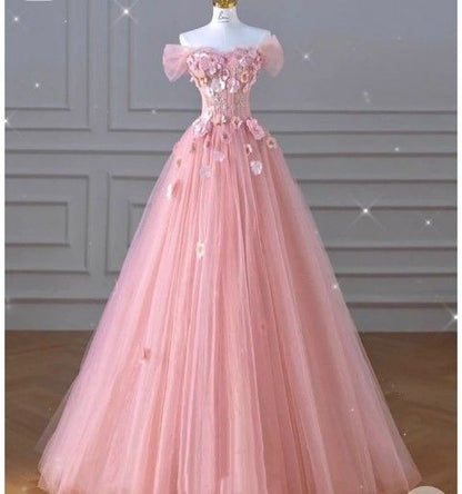 Tulle Prom Dress Long Ball Gown Off Shoulder Light Pink Formal Graduation Gown RB9493