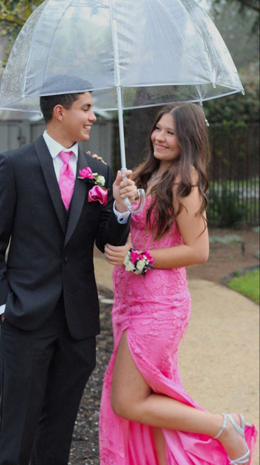 Beautiful Mermaid Hot Pink With Split Maxi Long Party Lace Appliques Slit Prom Dresses Evening Dress AB269