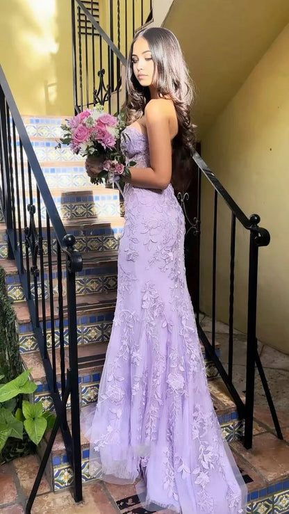 Classy Mermaid Strapless Tulle Lace Appliques Purple formal dresses Evening Prom Dresses AB630