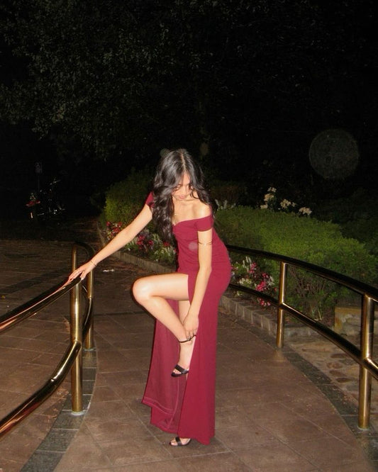 Sexy Mermaid Off The Shoulder Sweep Train Red Prom Dresses With Pleated Formal Dresses Party Dress AB672