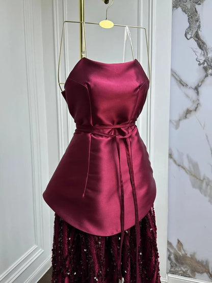 Vintage A Line Strapless Burgundy Satin Floor Length Prom Dress Lace Inspiration Long Prom Dresses B386