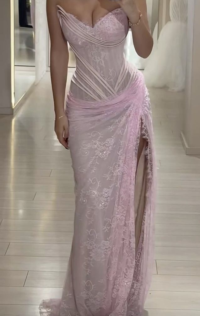 Prom Dress Mermaid Sweetheart Pink Lace With Slit Floor Length Graduation Party Dress RC1049