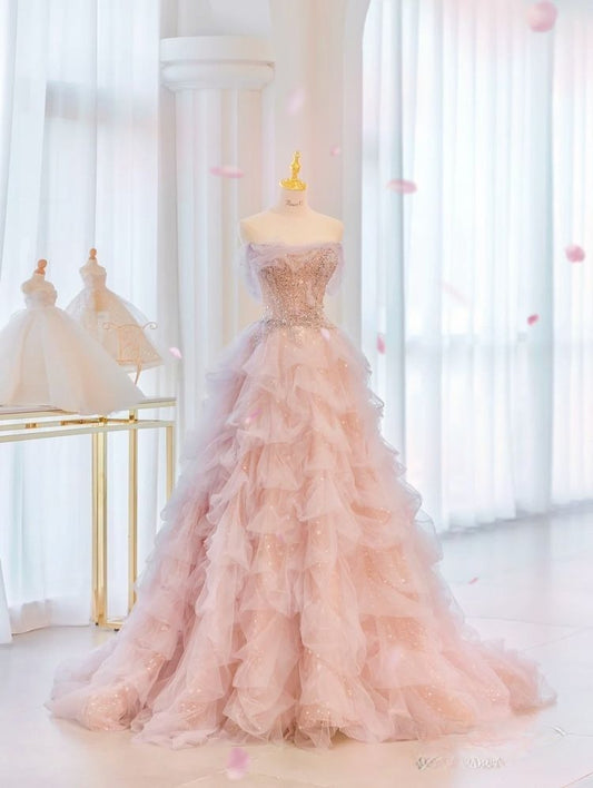 Unique Ball Gown Strapless Blush Pink Prom Dresses Long Party Dress 22th Birthday Outfits Graduation Dress AB306