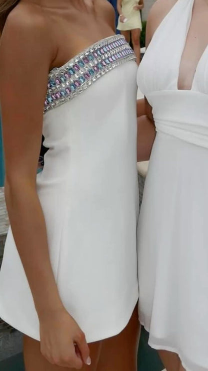 Pretty A Line Strapless White With Beading Mini Dress Homecoming Dresses University Ideas Inspo Short Hoco Court Gowns RB7254