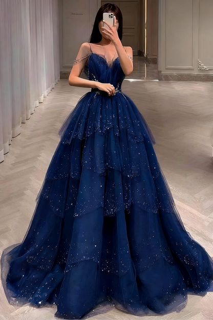 Gorgeous Dusty Blue Sparkly Tulle Beaded Prom Dress Tiered Formal Gown With Rhinestone Party Gowns AS161