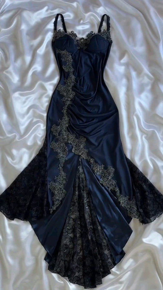 Modest Mermaid Spaghetti Straps Navy Blue Satin Lace For Women Party Dress Long Formal Prom Dresses 22th Birthday Outfits AB1364