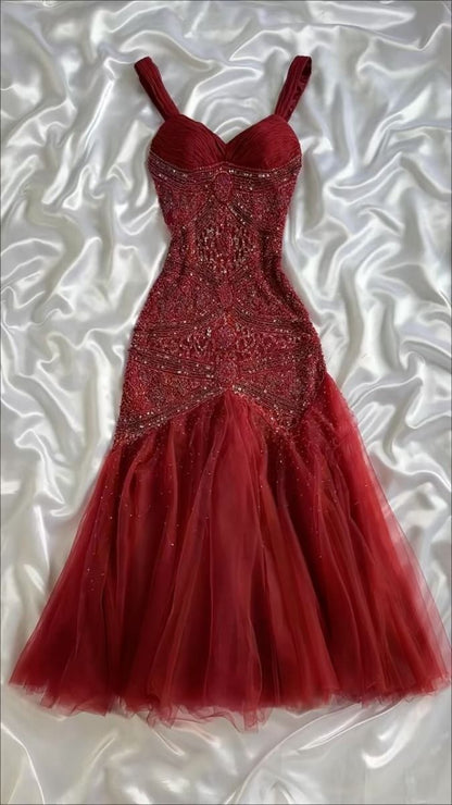 Modest Mermaid Sweetheart Burgundy Tulle With Beads For Women Party Dress Long Formal Prom Dresses 22th Birthday Outfits AB1363