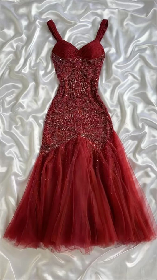 Modest Mermaid Sweetheart Burgundy Tulle With Beads For Women Party Dress Long Formal Prom Dresses 22th Birthday Outfits AB1363