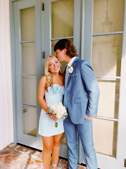 Aesthetic Hoco Photo Ideas A line Strapless Blue Short Homecoming Dresses Party Cocktail Hoco Outfits RB8903