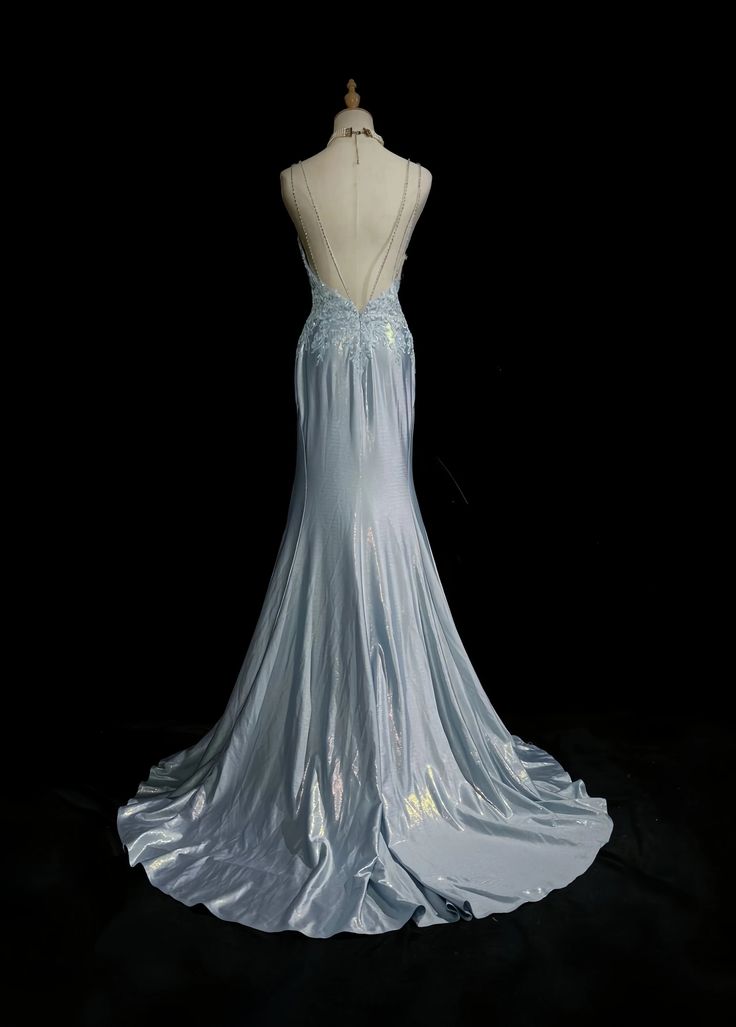 Elegant Blue Spaghetti Strap Prom Gown Pleated Sweetheart Neckline Sexy Backless Fishtail Celebrity Banquet Evening Dress AB987