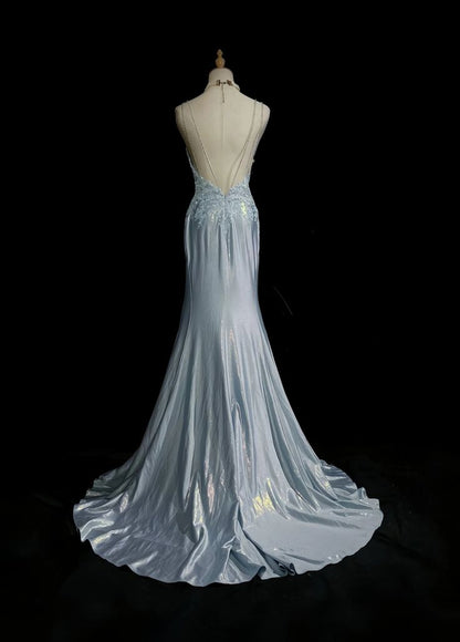 Elegant Blue Spaghetti Strap Prom Gown Pleated Sweetheart Neckline Sexy Backless Fishtail Celebrity Banquet Evening Dress AB987