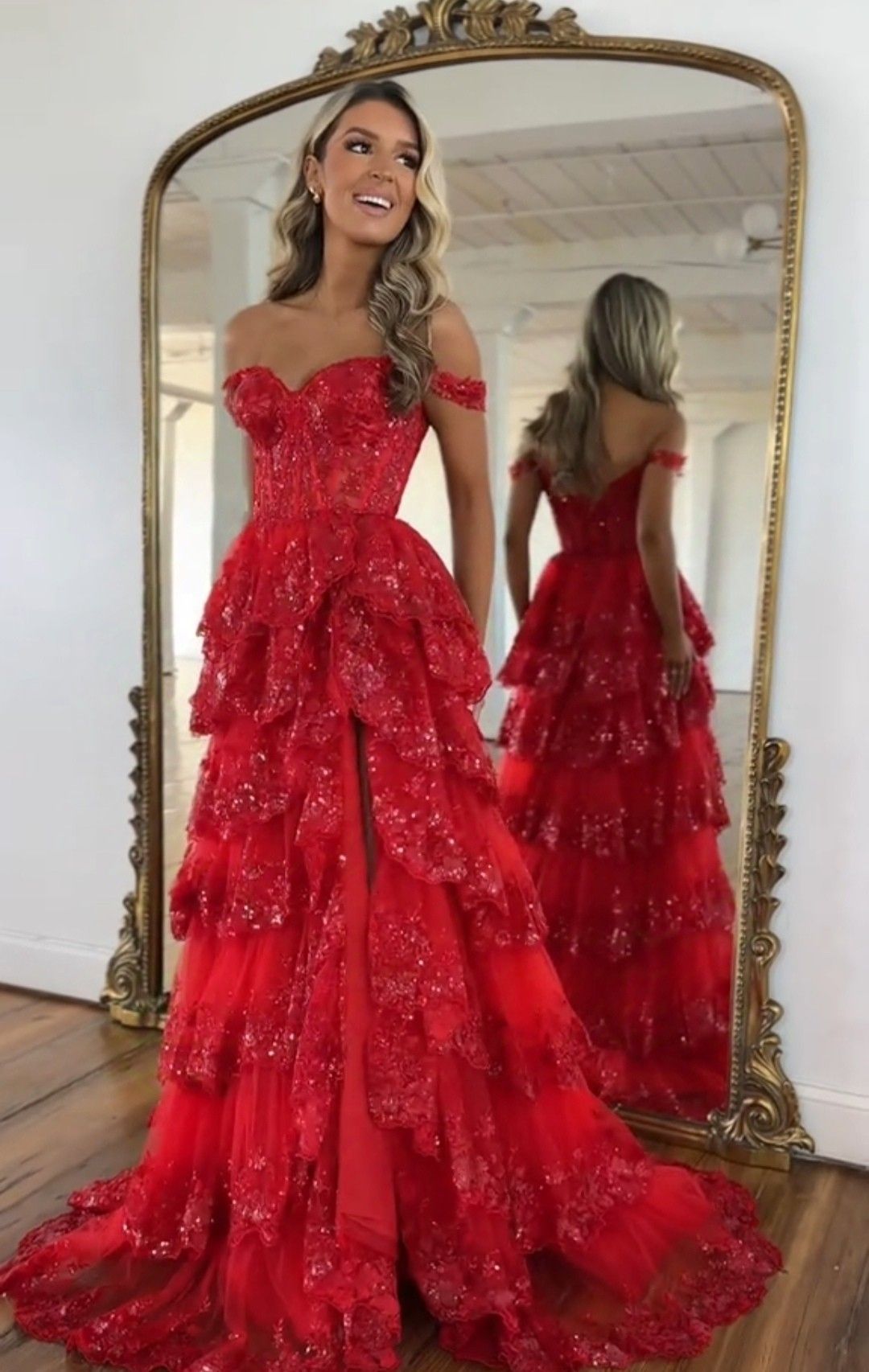 Classy Elegant Off The Shoulder Red Lace Marine Ball Dresses Long Dinner Formal Gowns With Layers Prom Dresses Evening Outfit AB820
