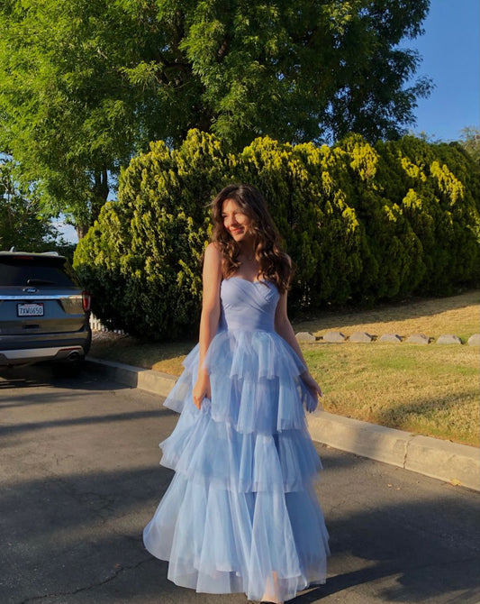 Graceful Ball Gown Sweetheart Blue Tulle Sleeveless Pleated Prom Dress Formal Evening Dress Party Gowns AB432