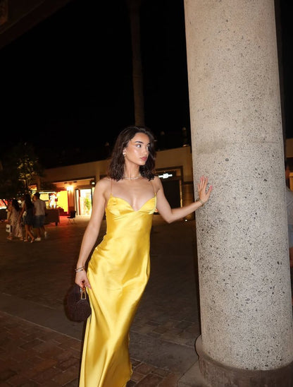 Spaghetti Straps Yellow Satin Mermaid Long Evening Prom Dresses Backless Vacation Wedding Guest Dress N260