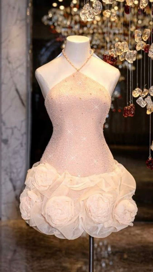 Glittery Sheath Halter Pink Sequined Short Mini Fitted High Shool Grad Hoco Outfit Homecoming Dresses RB4610