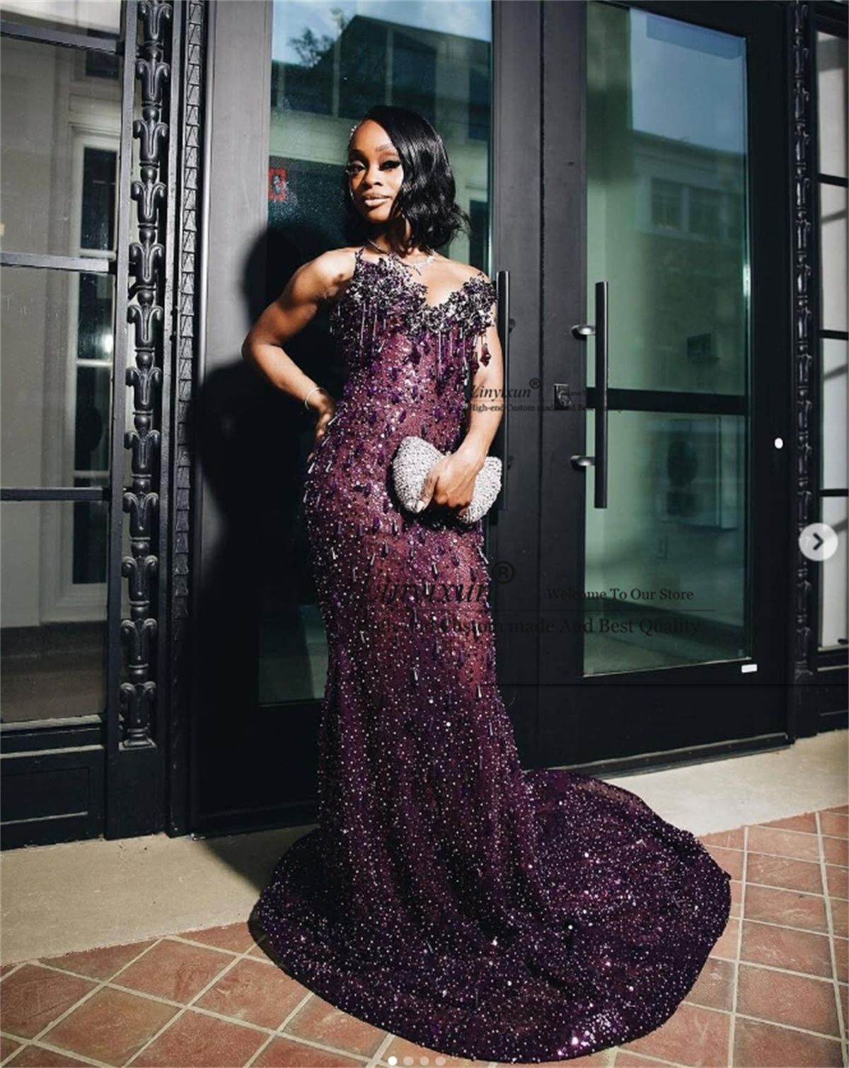 Sexy Special Occasion Dress Mermaid Sweetheart Grape Sequins Prom Dresses With Beads Gem Party Dress Long Evening Dresses AB2103