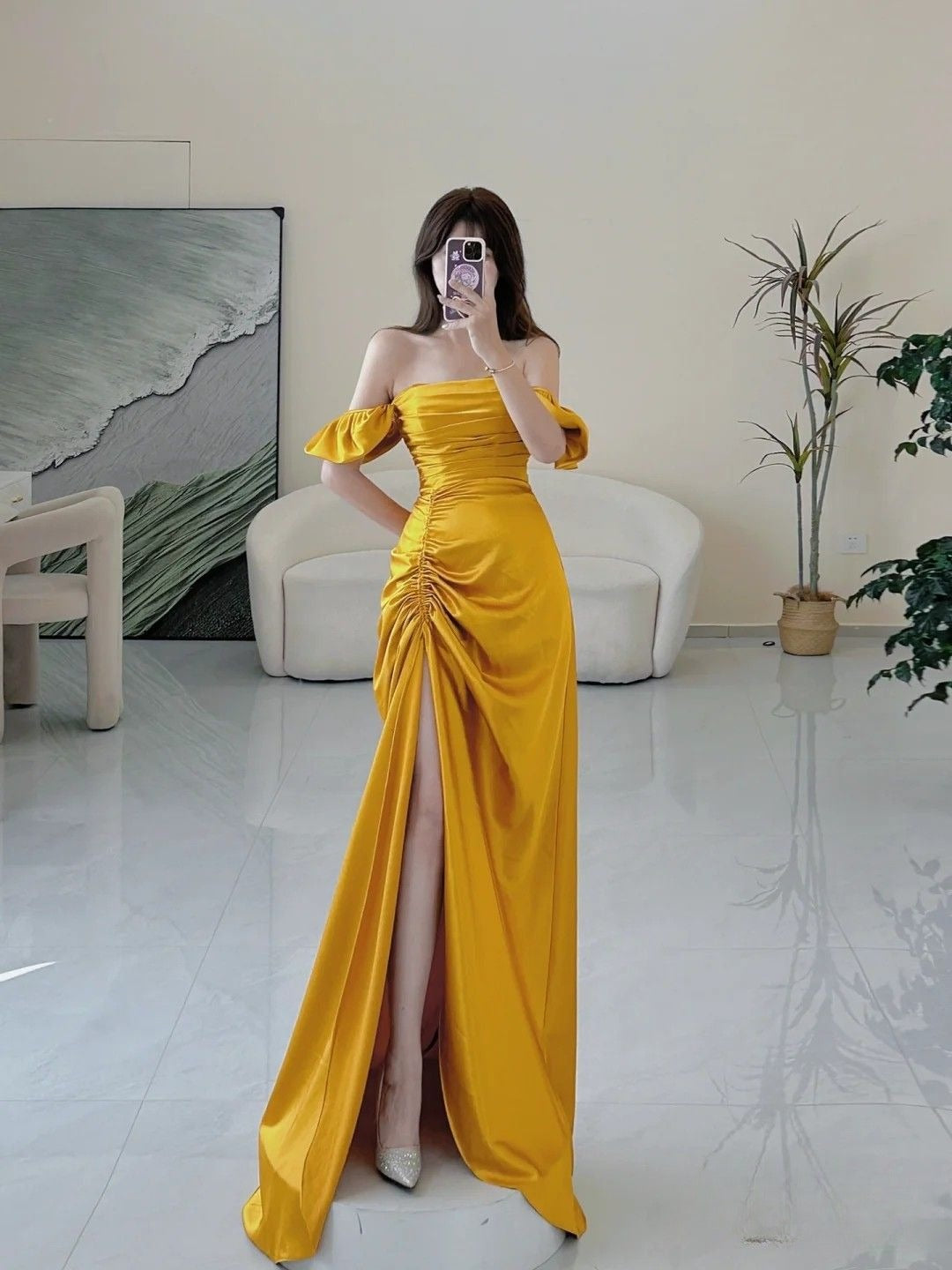 Beautiful Sheath Off The Shoulder Yellow Slit Satin Maxi Long Party Prom Dresses Evening Dress AB308