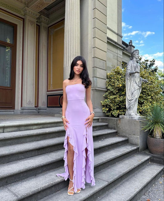 Princess Mermaid Strapless Lilac Chiffon Prom Dress With Layers Slit Prom Gown AB144