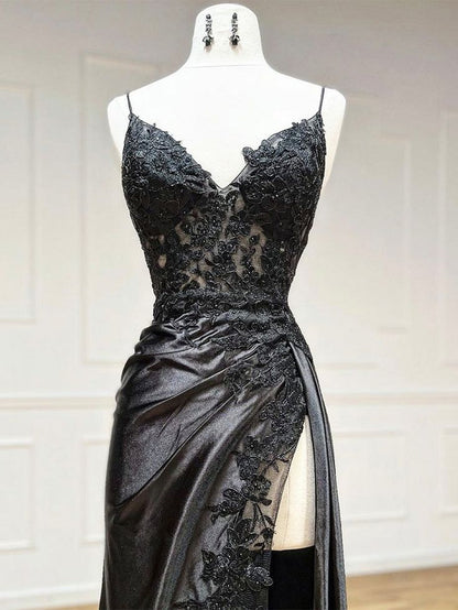 Classy Spaghetti Straps Mermaid Wine Red V Neck Satin Lace Long Prom Dresses Formal Dress AB138