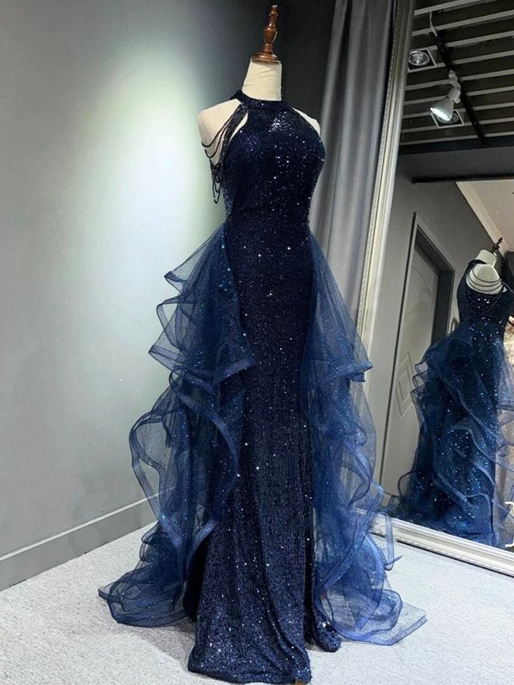 Navy Blue Sequins Long Prom Formal Dress Mermaid Evening Party Dresses AB680