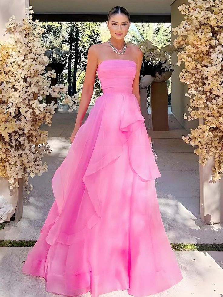 Gorgeous Fashion Pink A Line Strapless Organza Prom Dress Formal Gowns AB397
