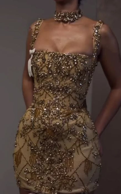 Luxury Sheath Square Neck Gold Short Formal Grade Homecoming Dresses Gold Cocktail Dress N4729