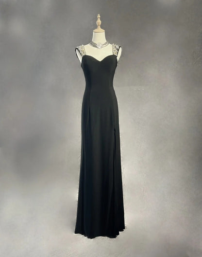 Vintage Prom Dresses A Line Sweetheart Black Chiffon With Split 70s Beads Formal Gown N2567