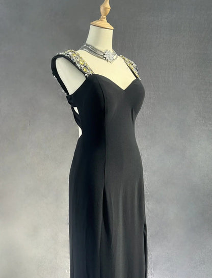 Vintage Prom Dresses A Line Sweetheart Black Chiffon With Split 70s Beads Formal Gown N2567