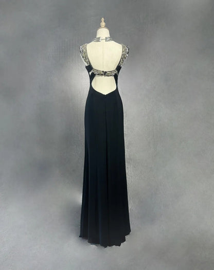 Vintage Prom Dresses A Line Sweetheart Black Chiffon With Split 70s Beads Formal Gown N2567