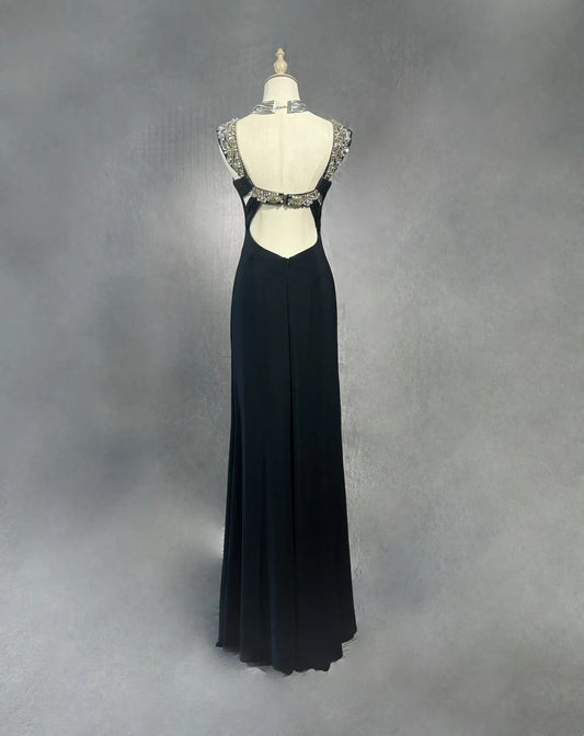 Vintage Prom Dresses A Line Sweetheart Black Chiffon With Split 70s Beads Formal Gown N2567