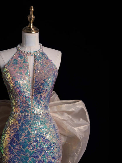 Sparkly Mermaid Scoop Neck Sequin Sleeveless Long Prom Dresses Formal Gowns Evening Dress N680