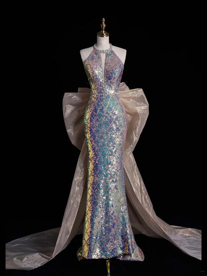 Sparkly Mermaid Scoop Neck Sequin Sleeveless Long Prom Dresses Formal Gowns Evening Dress N680