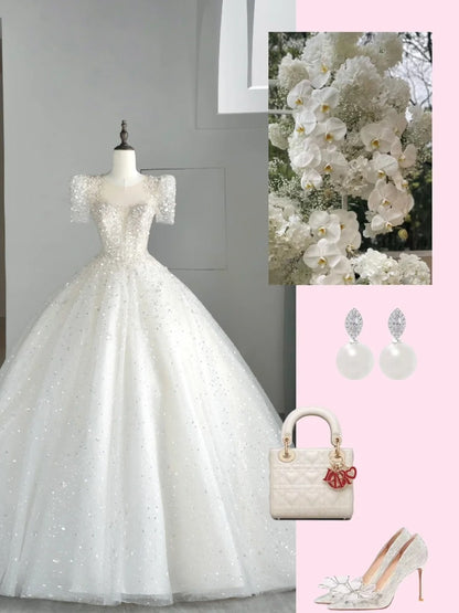 Timeless Ball Gown Sweetheart White Sequin Tulle Wedding Dress Long Fairytale Autumn Bridal Dresses N540