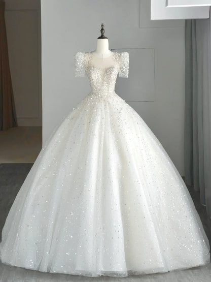 Timeless Ball Gown Sweetheart White Sequin Tulle Wedding Dress Long Fairytale Autumn Bridal Dresses N540