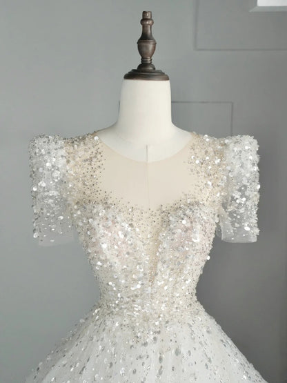 Timeless Ball Gown Sweetheart White Sequin Tulle Wedding Dress Long Fairytale Autumn Bridal Dresses N540