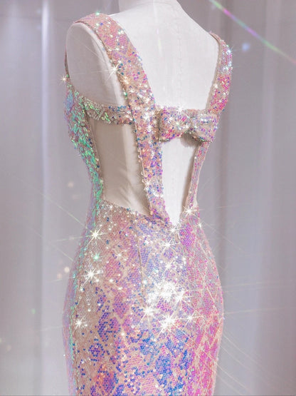 Sparkly Mermaid Sweetheart With Straps Pink Sequined Formal Evening Dress Gowns Long Prom Dresses N724