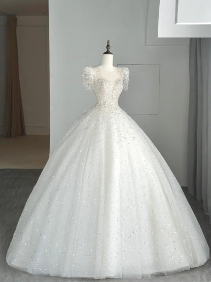 Timeless Ball Gown Sweetheart White Sequin Tulle Wedding Dress Long Fairytale Autumn Bridal Dresses N540
