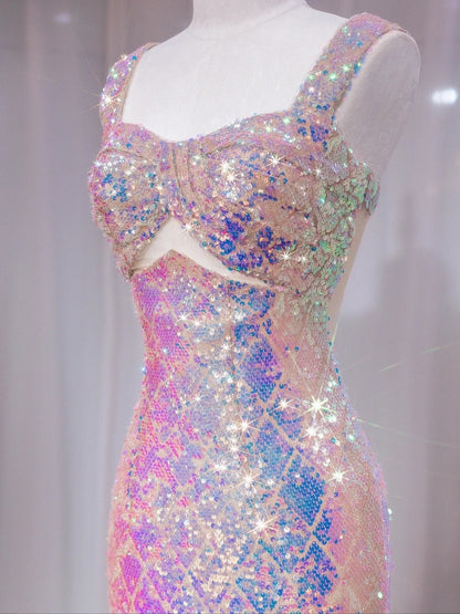 Sparkly Mermaid Sweetheart With Straps Pink Sequined Formal Evening Dress Gowns Long Prom Dresses N724