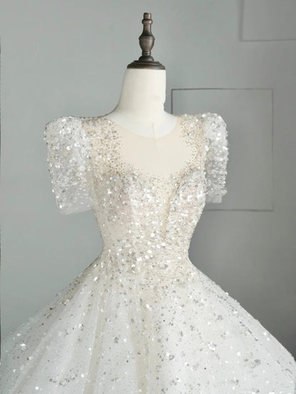 Timeless Ball Gown Sweetheart White Sequin Tulle Wedding Dress Long Fairytale Autumn Bridal Dresses N540