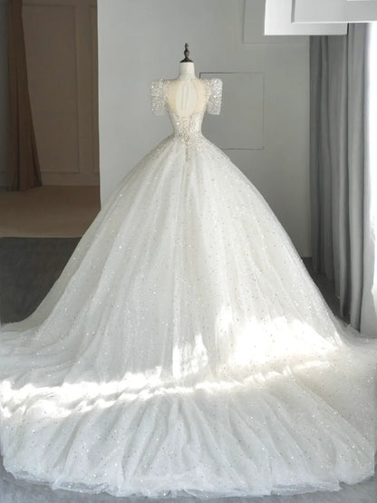 Timeless Ball Gown Sweetheart White Sequin Tulle Wedding Dress Long Fairytale Autumn Bridal Dresses N540
