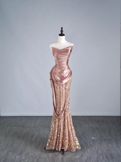 Modest Mermaid Sweetheart Pink Sequin With Pleated Ruffles Long Prom Dresses Night Semi Formal Dresses N687
