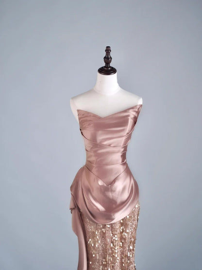 Modest Mermaid Sweetheart Pink Sequin With Pleated Ruffles Long Prom Dresses Night Semi Formal Dresses N687