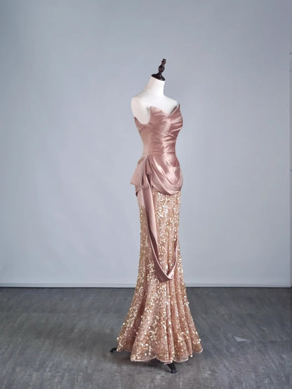 Modest Mermaid Sweetheart Pink Sequin With Pleated Ruffles Long Prom Dresses Night Semi Formal Dresses N687