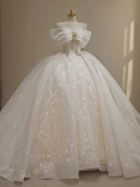 Modest Wedding Dress Ball Gown Off The Shoulder Sequin White With Ruffled Floor Length Bridal Gown RC1415
