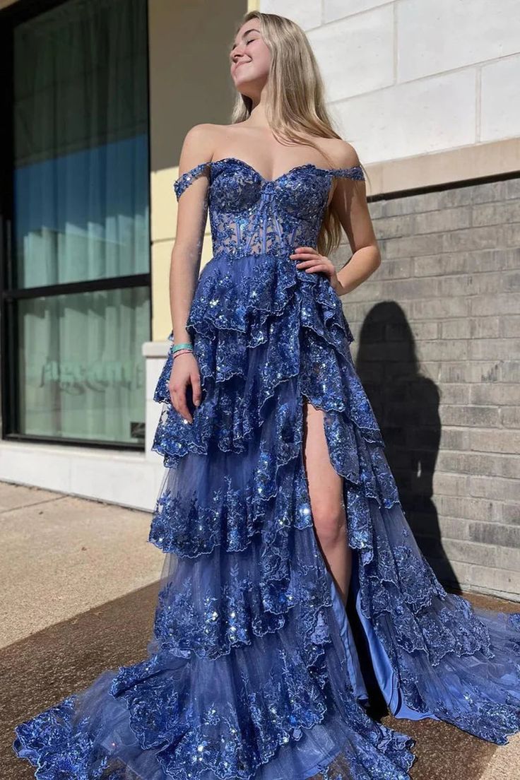 Pretty Off The Shoulder Pink Lace Slit Long Formal Prom Dresses Evening Dress Formal Party Gowns AB480