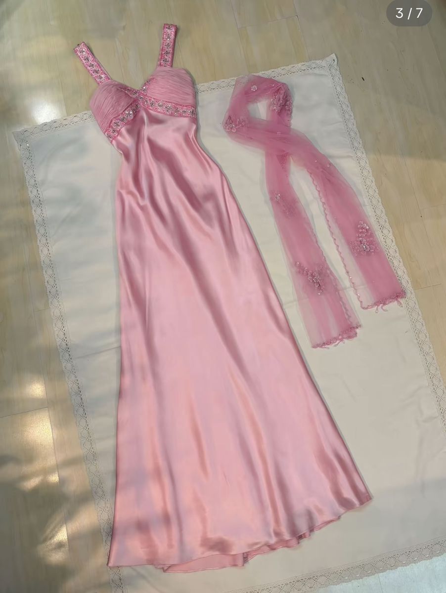 Glitter Pink Straps With Beading Scarf Long Prom Dresses For Women N4148